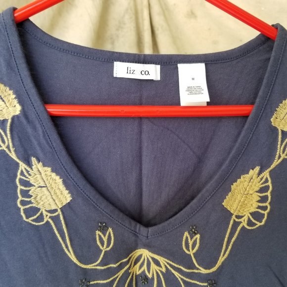 Liz & Co Vintage 90's Blue V-neck Top Floral design Very-Short Sleeves  Medium - Picture 2 of 3